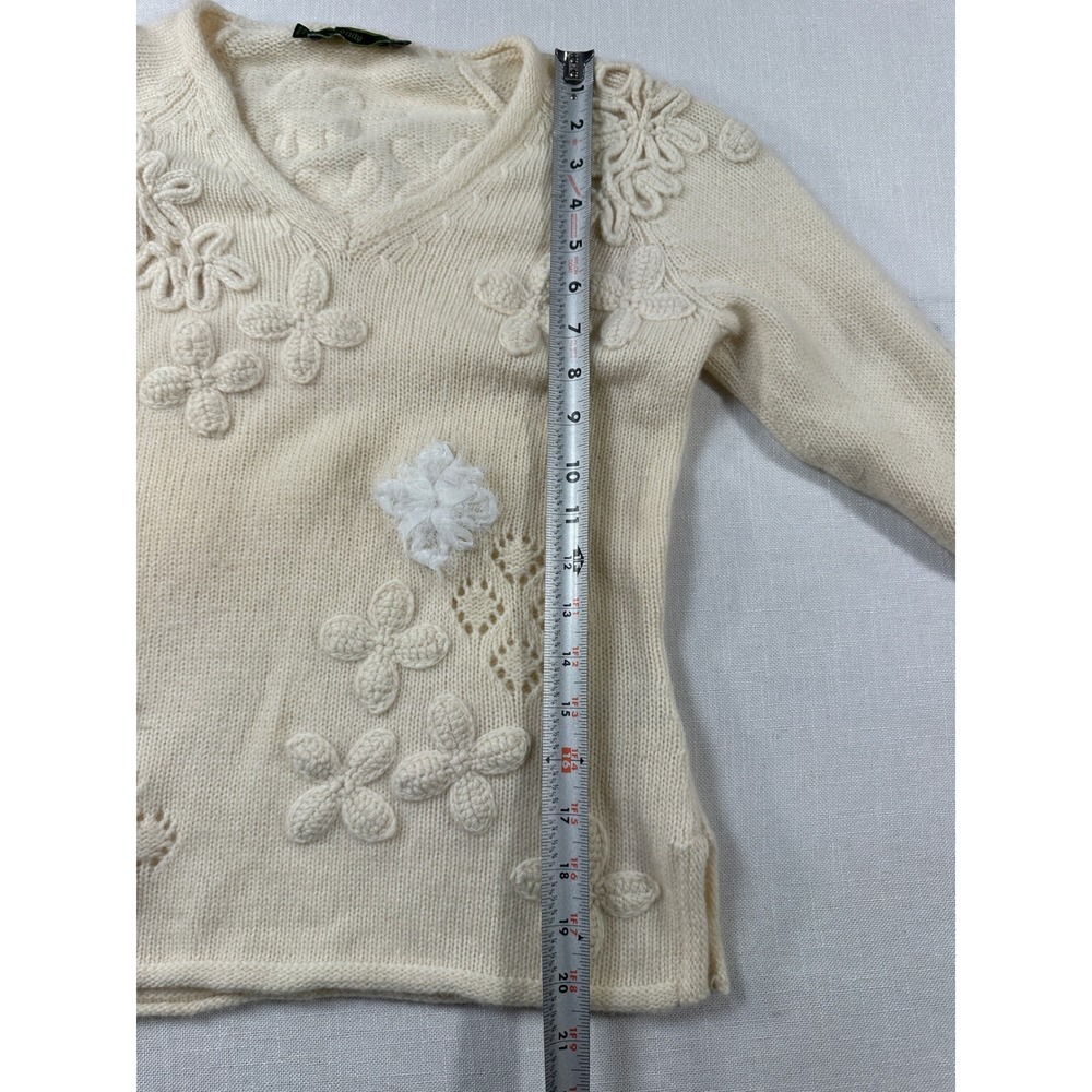Oilily Womens Cream Lambswool Angora 3D Floral Applique V-Neck Sweater Small - Picture 9 of 9